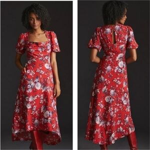 Anthropologie Maeve Mavis Puff Sleeve Floral Midi Dress Orange Boho Cottage 4